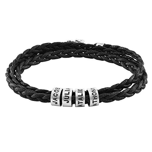 MyNameNecklace - Personalized Braid Black Bracelet with Small Engraved Beads Cotton in Sterling Silver â€“ Custom Made for Men â€“ Gift for Father's Day Christmas