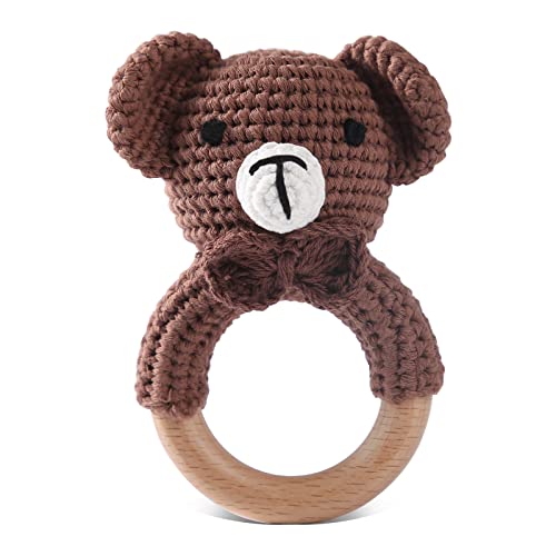 Image of Wooden Baby Rattle Crochet Bear Baby Toys Handmade Newborn Toy Early Development Grips Stuffed Animal Organic Rattle