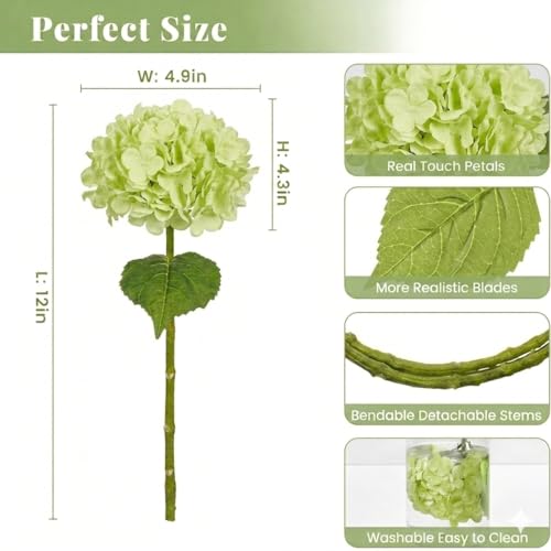 Image of CURATED CART Hydrangea Artificial Flowers with Stem, 1 Stick for Home Decor, Party, Living, Office Table, Realistic Look, Fake Flowers, 12 Inch, Light Green