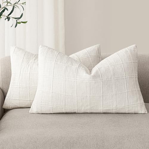 Image of Foindtower Set of 2 Decorative Linen Check Throw Pillow Covers Neutral Farmhouse Lumbar Cushion Covers Modern Boho Home Decor for Sofa Chair Couch Bedroom Living Room,12x20 Inch,Cream White