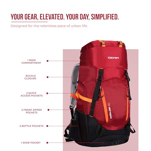Image of Gear Overland 55L Extra Large Water Resistant Rucksack /Travel bag /For Men & Women(Maroon - Black)