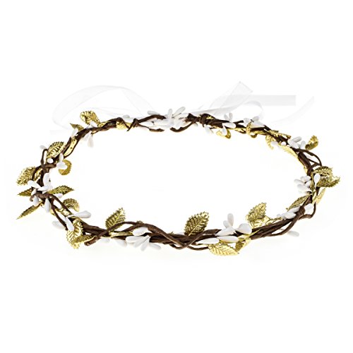 DDazzling Gold Leaf Crown Flower Girl Green Leaves Crown Floral Hair Wreath Photo Props (Gold and White)