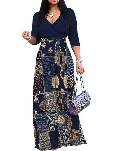 Image of Plus Size Maxi Dress for Women V Neck 3 /4 Sleeve Wrap Dress