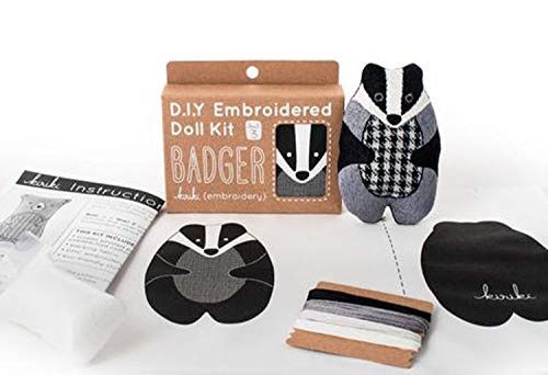Image of Kiriki Press DIY Embroidery Doll Kit - Skill Level 3 - Beginner to Advanced Embroidery Kits for Adults Teens (3 Skill Levels) Animal Embroidery Kit - Screen Printed Pattern (Badger - Level 3)