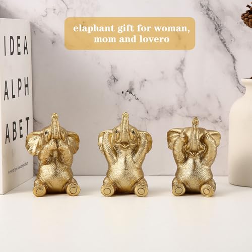 Set de Tres Figuras Decorativas de Elefantes de Resina Dorada miniatura 4