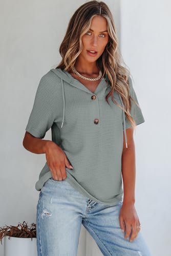 Image of Dokotoo Womens Summer Tops Waffle Knit Short Sleeve Lightweight Drawstring Hoodies Button V Neck Casual Blouses Shirts