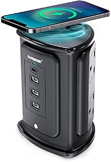 SAFEMORE Tower Extention Lead Vertical Power Plug 2M Cable 4 USB Ports (1 USB C and 3 USB A), 4 Electrical Plugs and 10W Wireless Charging Surface, Surge Protection - Black