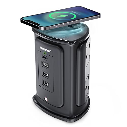 SAFEMORE Tower Extention Lead Vertical Power Plug 2M Cable 4 USB Ports (1 USB C and 3 USB A), 4 Electrical Plugs and 10W Wireless Charging Surface, Surge Protection - Black