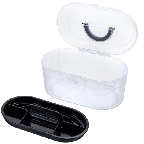 Image of MyGift 11 x 7 Inch Clear Plastic Arts & Crafts Storage Case, Round Portable Container with Black Top Handle and Removable Tray for First Aid Kit or Sewing Supplies
