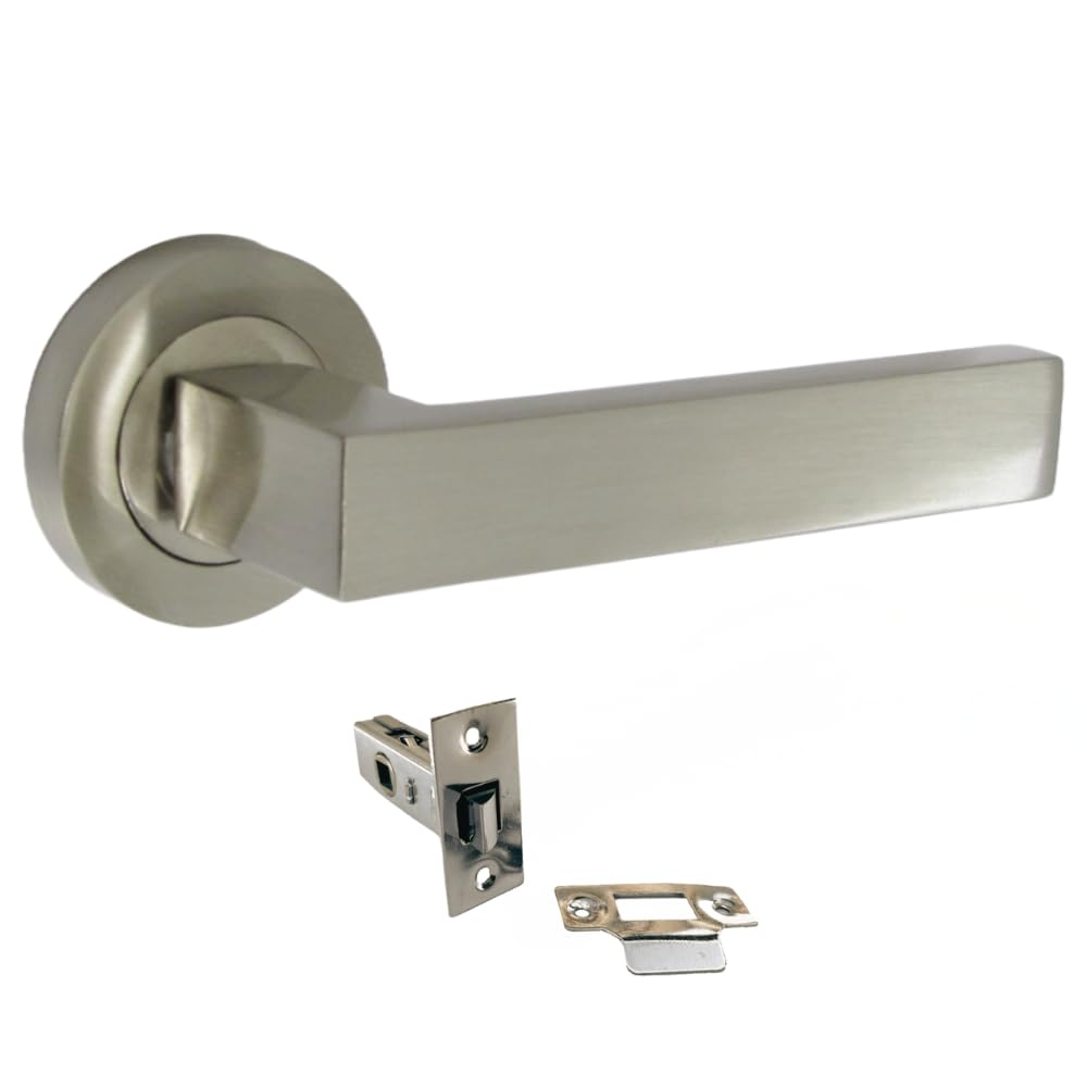 Epsom Door Handle – Modern Satin Nickel Lever on Rose (122mm Handle, 52mm Rose) | 1 Packs | with 63mm Tubular Latch | Stylish Square Contemporary Internal Door Handles