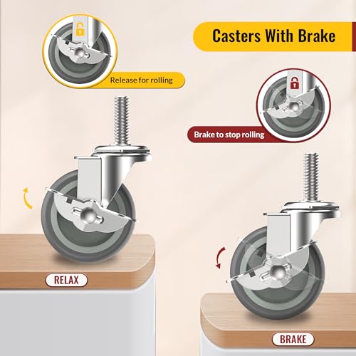 holkie caster wheels 3 inch locking casters set of 4 threaded stem 3834 -16 x 1-1234 diameter 3834 length 1-1234 swivel heavy duty castors gray