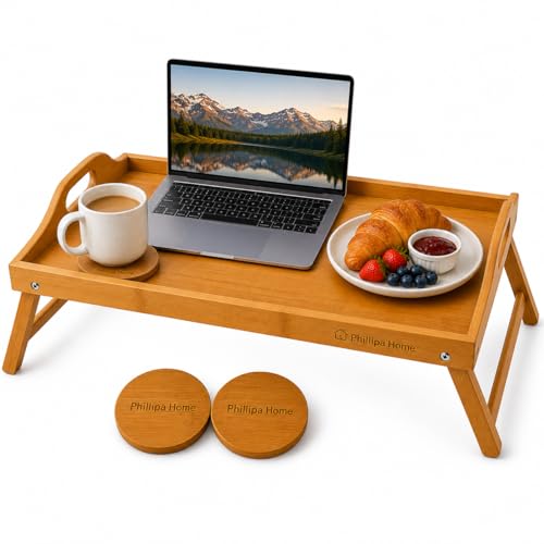 Phillipa Home Bamboo Bed Tray Table for Eating - 20' x 12' Large Breakfast in Bed Tray with Folding...