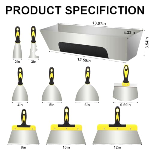 Profi Malerspachtel Spachtel Set aus rostfreiem Edelstahl, Malerwerkzeug Putty Knife 7-teiliges Spachtel Werkzeug inkl. Flächenspachtel, Tapeten Spachtel, Glättkelle 30,5 cm Spachtelkasten