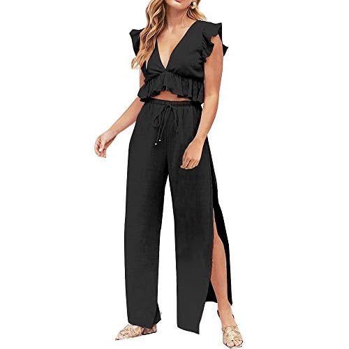 FANCYINN Womens 2 Pieces Outfits Deep V Neck Crop Top Side Slit Drawstring Wide Leg Pants Set Jumpsuits Black Large