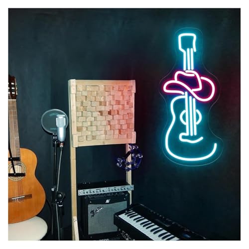 Enseigne lumineuse néon de guitare au chapeau pour ambiance bar à la maison