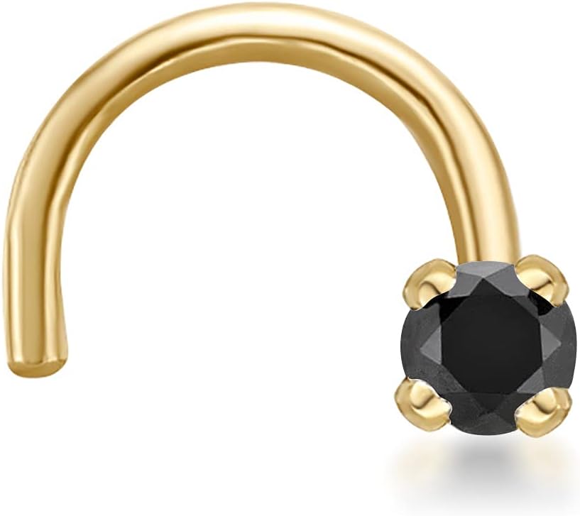 Lavari Jewelers 0.01 to 0.07 Carat Black Diamond Curved Screw Nose Stud for Women - 14k White or Yellow Gold Nose Ring for Her - 22 Gauge Unisex Nostril Jewelry - 22G Body Piercing for Men