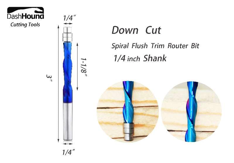 Spiral Flush Trim Router Bit Set 1/4 Inch Shank Spiral Router Bits with Nano Coated Downcut Template Pattern Router Bit for Woodwork Trimming BRD314C