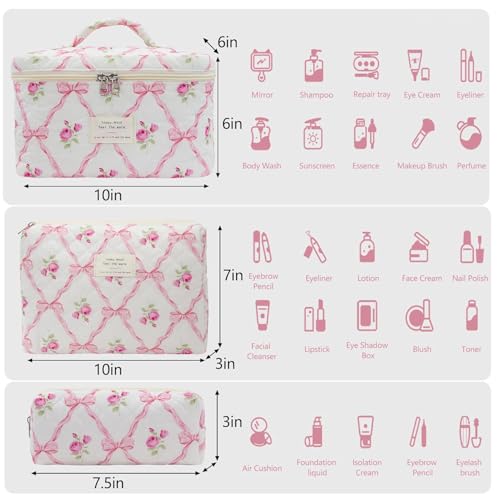 Image of Lyrovo Makeup Organizer Cosmetic Bag Quilted Large Floral Make Up Organize Set for Women Flower Travel Toiletry Bag (Pink-Bow)
