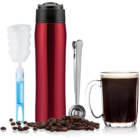 BENFUCHEN Portable Coffee Maker Stainless Steel Insulated Double Wall Vacuum Car Travel French Press Tea Maker Coffee Pot Outdoor Coffee Mug Cup With Stainless Steel Spoon, 350ML/12OZ, Red Cover