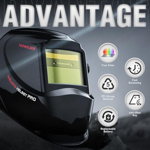 YESWELDER Schweißhelm Wahre Farbe Solarbetriebene Schweißmaske Automatischer Verdunkelung Blaulichtblockierung Breiter Schatten 4/9-13 Schweißhelm für TIG MIG ARC