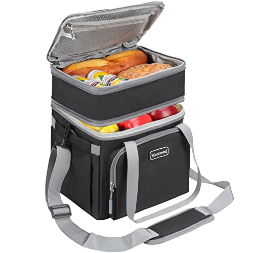 Mecrowd Lunch Bag for Women Men Double Deck Lunch Box - Leakproof Insulated Soft Large Lunch Cooler Bag with Adjustable Shoulder Strap for Beach Travel Picnic (Black)