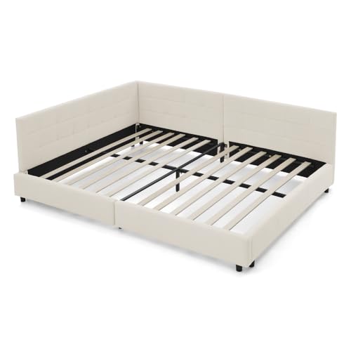 LAKFEW Schlafsofa Bett 140x200 mit Rückenlehne, Schlafcouch Polsterbett mit Samtdesign, Tagesbett mit Lattenrost, Schlafzimmer möbel, Ohne Matratze, Samt, Beige – Bild 8