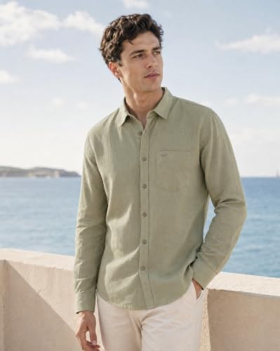 Image of Nobero Breezy Premium Linen Cotton Shirt for Men | Stylish Casual Shirts for Men | Semi Cut Collar | Box Pleat | Curved Hem | Regular Fit | Full Sleeve | S-XXXL