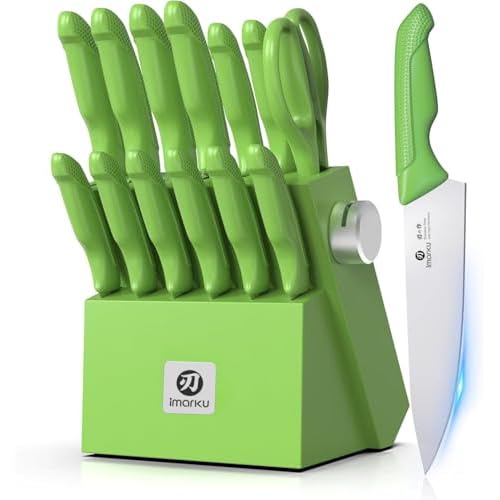 imarku® Knife Set with Block, Sharp Knife Sets with Built-in Sharpener, Japanese Stainless Steel Kitchen Knife Set with Non-Slip Ergonomic Handle, Dishwasher Safe, Best Holiday Gift, Teal Gr