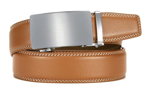 Image of Chaoren Leather Ratchet Belt 2 Pack Dress with Click Sliding Buckle 1 3 /8 inch in Gift Set Box - Adjustable Trim to Fit