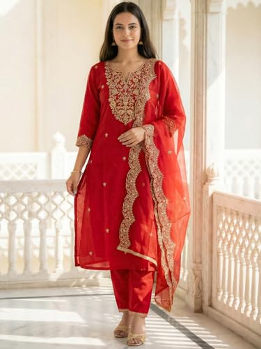 Image of INDO ERA Women's Embroidered Viscose Rayon Straight Kurta Pant with Dupatta Set