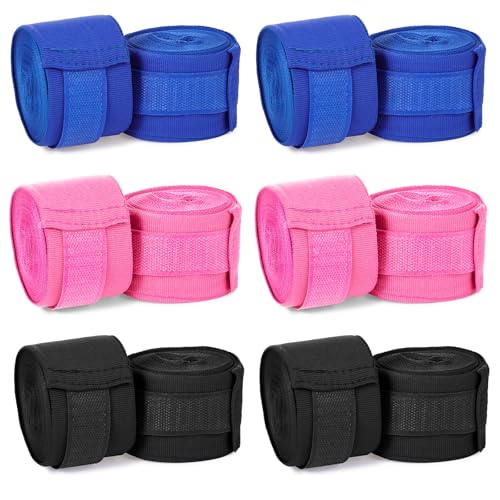 Junkin 6 Pairs Boxing Hand Wraps for Boxing Wraps Wrist Pugilism Handwraps for Men Women Kickboxing Muay Thai MMA (Black, Pink, Blue,120 Inch)