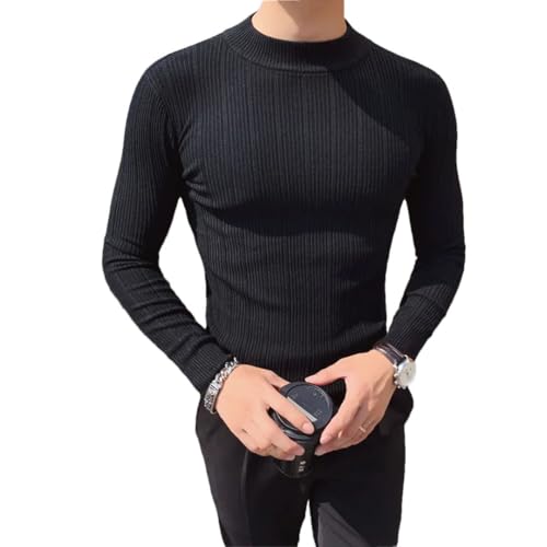 Men's Pullover Sweaters Korean Striped Sweater Half High Collar Stretch Tight Slim Fit Knit Sweater