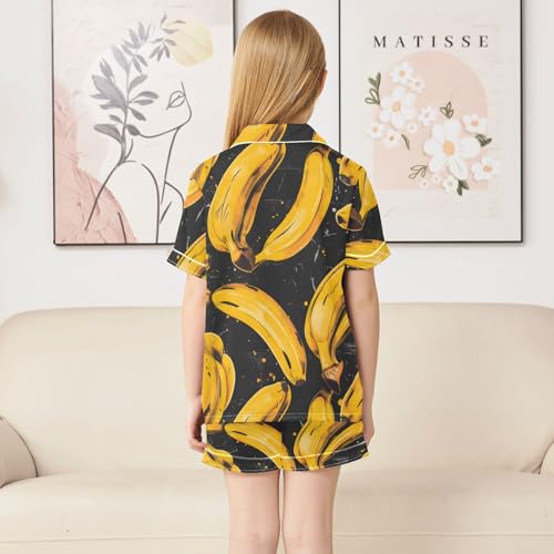 Satin Pajama Sets Short Sleeve Banana Pattern Print on Black Button Down Silky Nightwear 2 Piece PJS 5-14Y4
