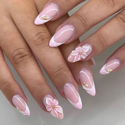 Handmade Press on Nails 3D Flower Fake Nails Pink Gradient