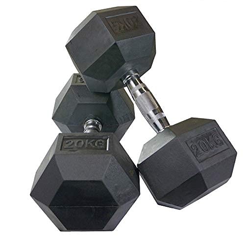 Body Tech Pair of 20 KG Rubber Coated Hex Dumbbell with Contoured Chrome Handle.