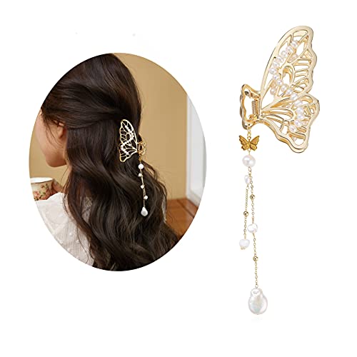 CHIMERA Metal Hair Claw Clips Simple Gold Alloy Butterfly Hollow-out Removeble Freshwater Pearls Tassel Pendant Hair Jaw Claw Medium Hair Clips for Women