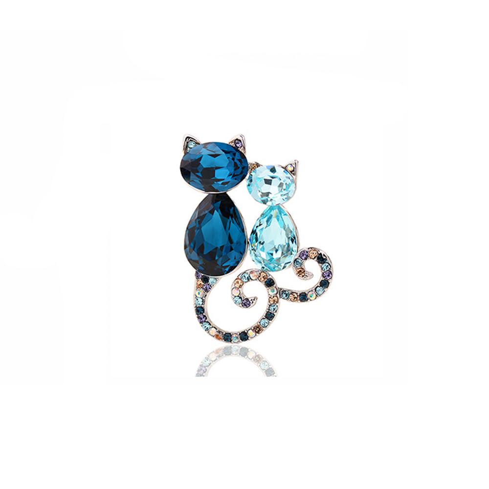Couples Cats Brooch Pin for Women Blue Crystal Rhinestone Cute Animal Cat Lapel Pins Corsage Badge Safety Pins Dainty Accessory for Cloth Dress Bag Wedding