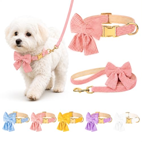 Dog Collar and Leash Set with Bowtie Soft & Cute Puppy Collar Cotton Puppy Collar with Adjustable Metal Buckle for Small Medium Dog (Pink Size S: Neck 10-16)