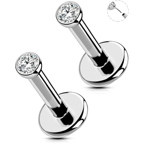 OUFER 2Pcs 20G/18G/16G G23 Titanium Threadless Nose Stud Earrings Flat Back Tiny CZ Small Nose Helix Cartilage Tragus Conch Labret Medusa Monroe Piercing Jewelry for Women Men Silver 2pcs, 1