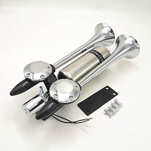 Viping Car Horn Ship Horn Prolong the sound Air Horn Loudspeaker Horn Silver Double Tube Truck Horn Metal Super Loud with Stainless Steel Air Tank Suitable for 12v 24v Train Ship Car Moto Truck ect