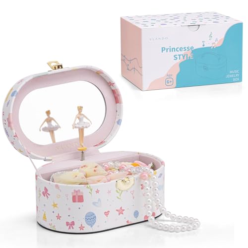 VLANDO Caja de joyas elíptica para niñas con reloj de música, caja de joyas portátil con bailarina y espejo, juguete regalo para niñas de 4 5 años, joyero para niñas