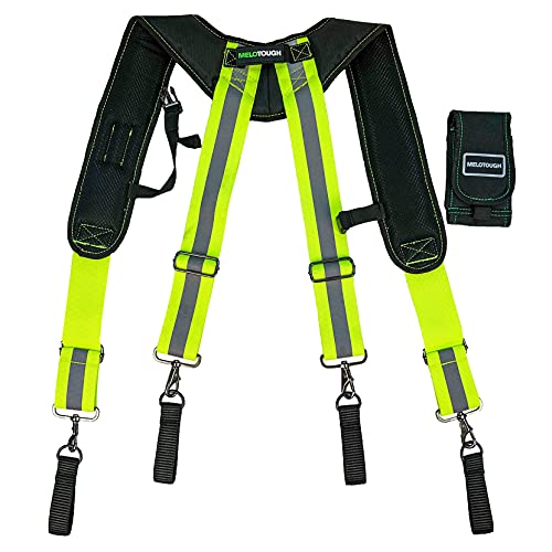 Image of MELOTOUGH Reflective Safety Suspenders Tool Belt Suspenders Construction Work Suspenders with detachable phone holder comfortable foam shoulder padder (Lime)