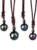 Hestya 4 Pack Natural Black Obsidian Necklace Double Rainbow Eye Beads Lucky Blessing Necklace, 16 mm