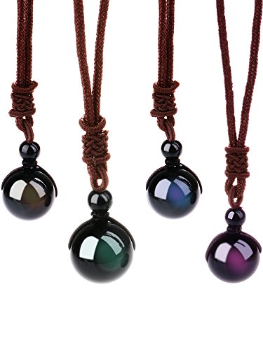 4 Pack Natural Black Obsidian Necklace Double Rainbow Eye Beads Lucky Blessing Necklace, 16 mm