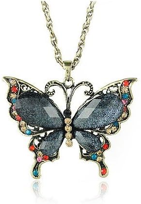 Chic Multicolor Rhinestone Crystal Antique Bronze Plated Big Butterfly Wings Pendant Retro Fashion Alloy Long Necklace FREE Pouch