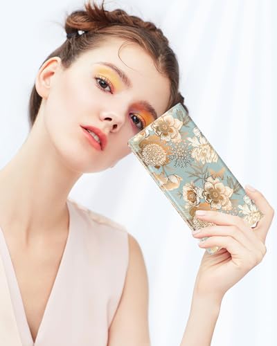 Image of Nipichsha Womens Wallet, RFID Slim Wallets for Women, Thin Ladies Credit Card Holder Purse, Cute Leather Bifold Clutch Billfold with 11 Card Slots & ID Window, Blooming Flowers