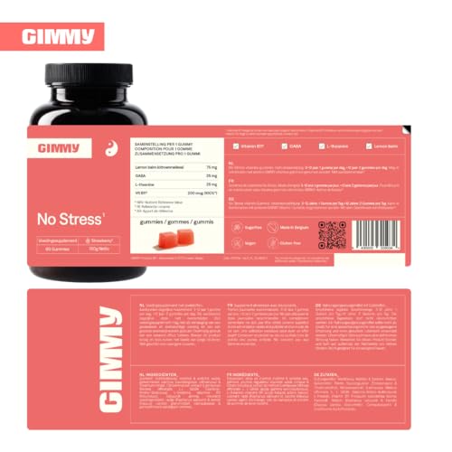 GIMMY No Stress Gummies – Nahrungsergänzungsmittel zur Stressreduktion mit Zitronenmelisse, L-Theanin, GABA und Folsäure (Vitamin B11). – Vegan, zuckerfrei und glutenfrei (60 Stück)