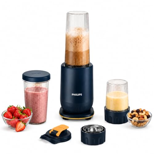 Image of Philips HR2613 /00 Mini Blender | 2 Blending Blades & 1 Frothing Blade | ProBlend Technology | 3 Unbreakable Food-Grade PC Jars | Blend & Carry | Smoothies, Protein Shakes, Cold Coffee & More (Blue)