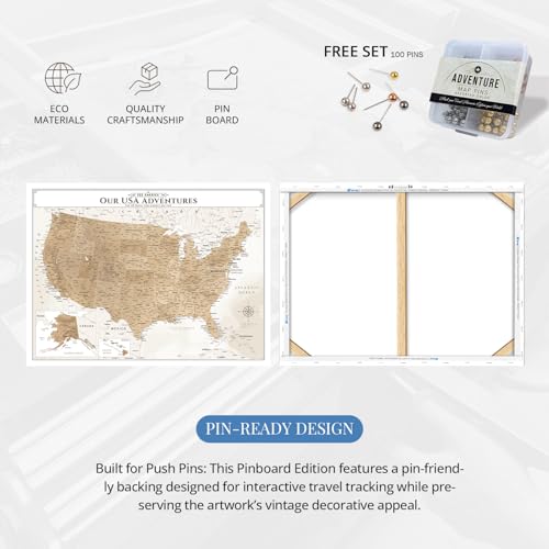 Image of IPIC - Vintage US Map for Travel, Pin Board Canvas Wall Art, Travel Map with Pins Included, Ready to Hang for Home or Office, 36x24 Inch
