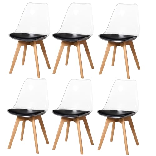 Uderkiny Lot de 6 chaises de Salle à Manger Modernes Transparentes - Chaise scandinave - Matériau PP Transparent + Pieds en Bois de hêtre - Convient pour Salon, Salle...